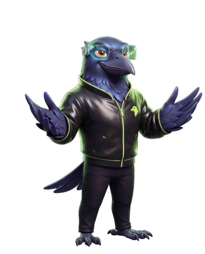 Rook the raven, opening a wing in welcome
